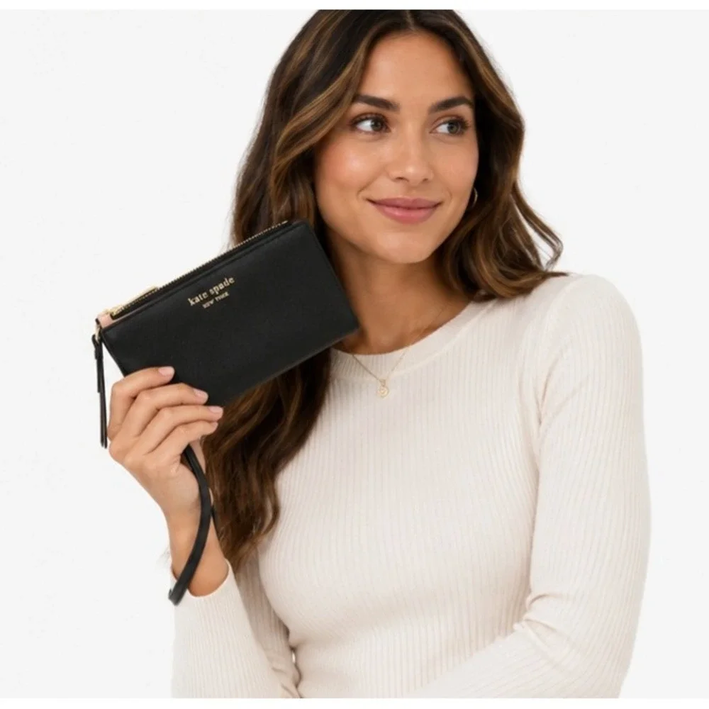KATE SPADE New York Black Saffiano Leather Wristlet Wallet Pink Interior